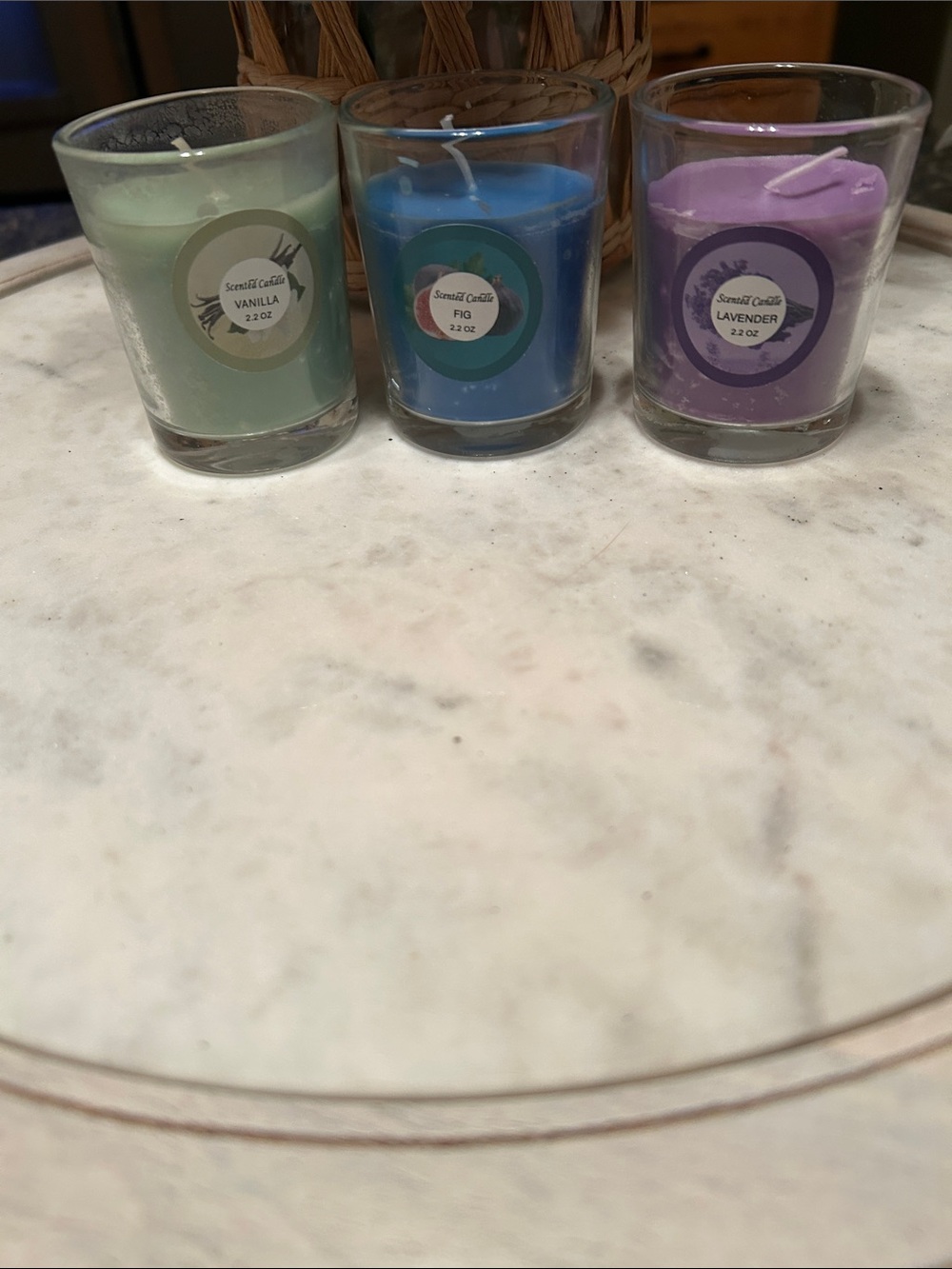 Scented Votive Candle Trio - Vanilla, Fig & Lavender (Green, Blue, Purple)